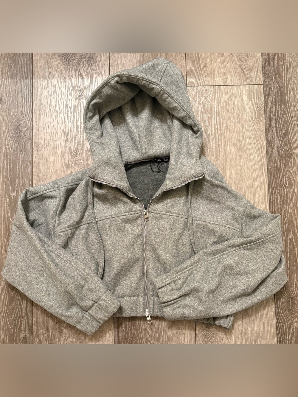 Zara Gray Cropped Fleece Full Zip Hoodie Jacket Size L